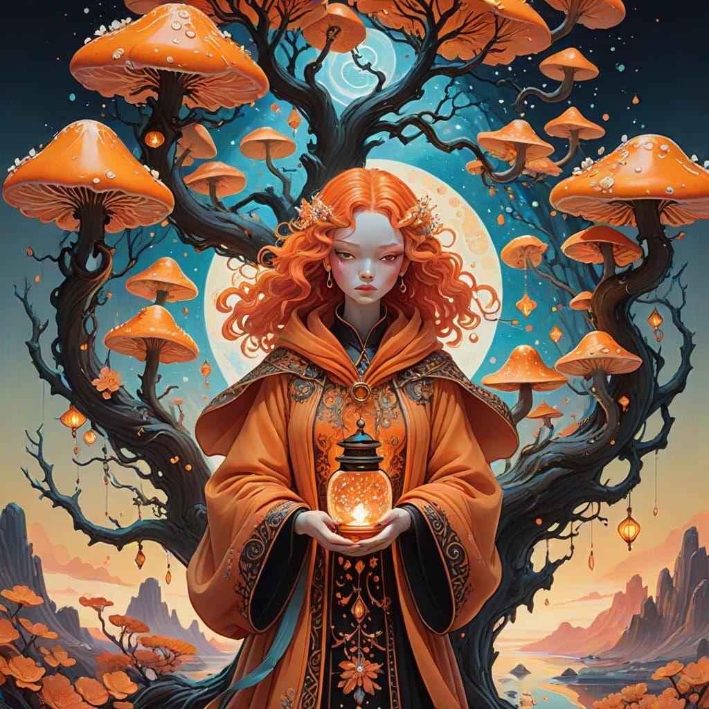 Mystical Woman Amidst Vibrant Dreamscape in Orange Hues