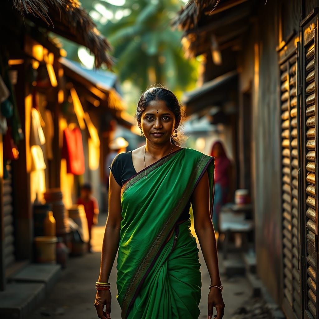 Malayali Woman in Emerald Saree, Photorealistic Village Scen...