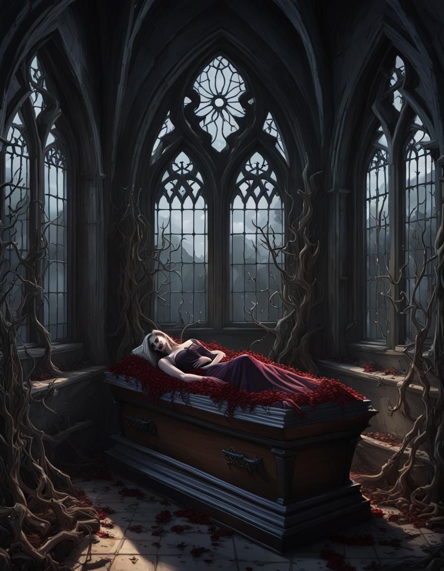 Sleeping Beauty Vampire in Coffin, Gothic Art