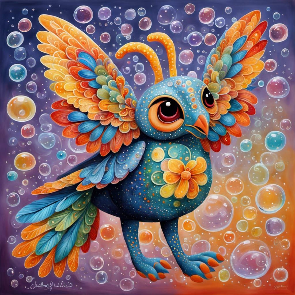 Whimsical Alebrije with Bubbles and Wings