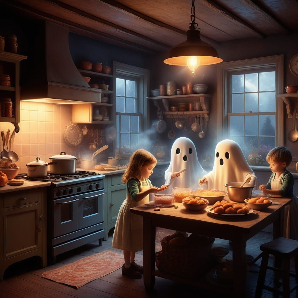 Whimsical Family of Ghosts Making Jam in a Cozy Basement