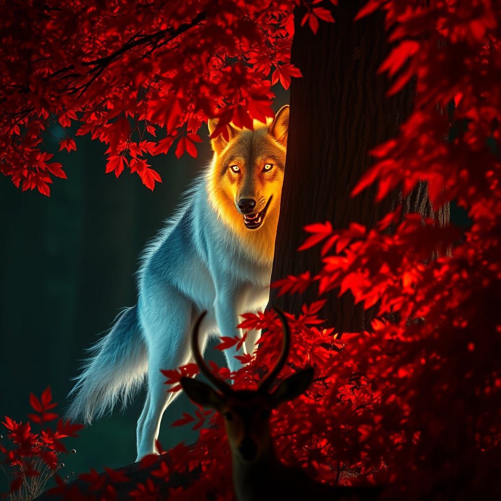 A Majestic Wolf Emerges from the Shadows in Fiery Splendor