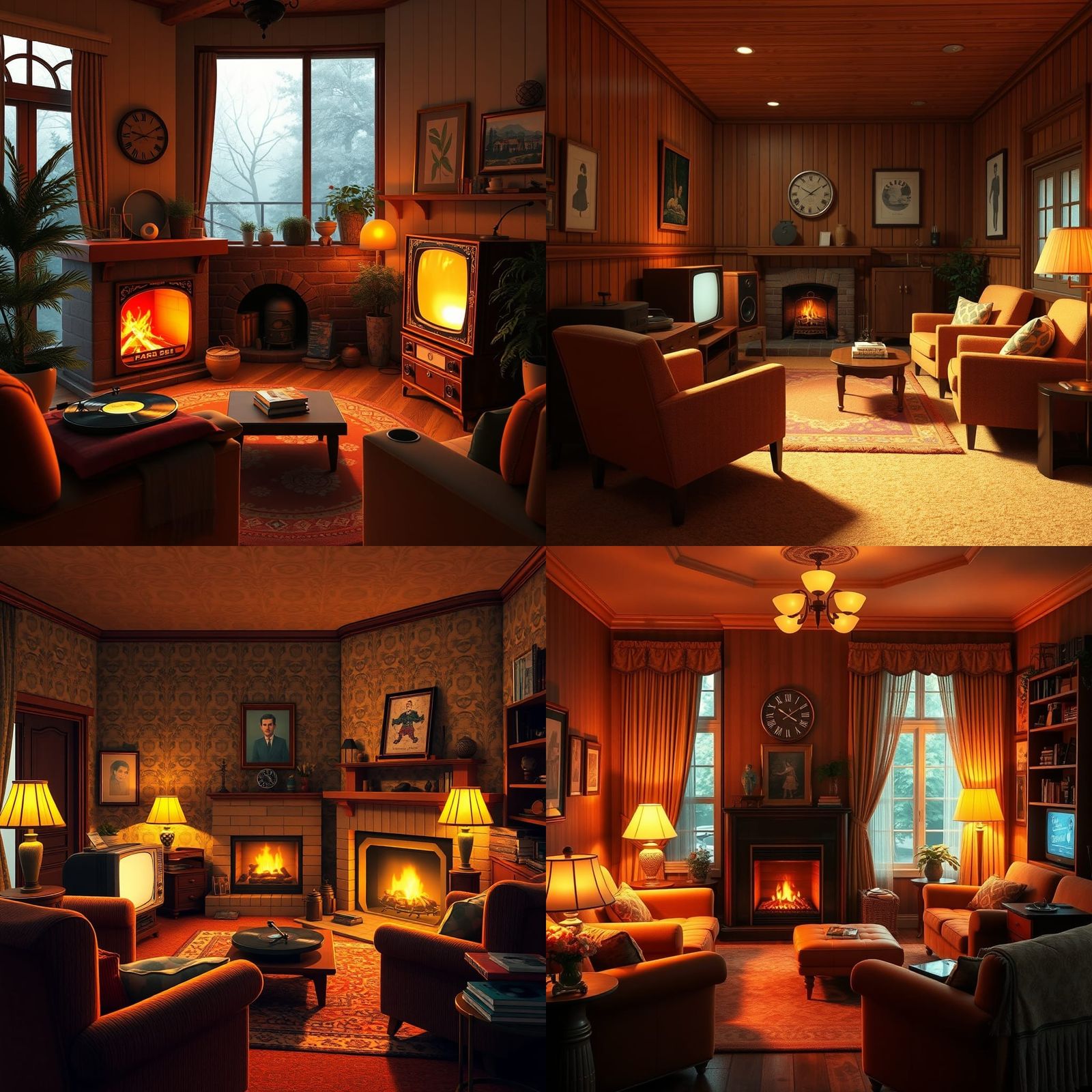 Cozy 60s Living Room with Fireplace, 3D Anime Art