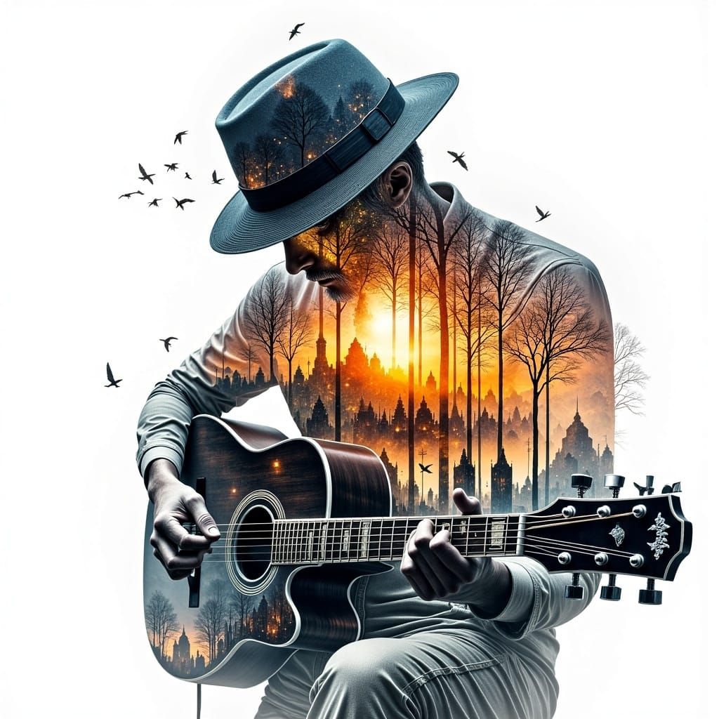 Bioluminescent Double Exposure: Guitarist in Surreal Landsca...