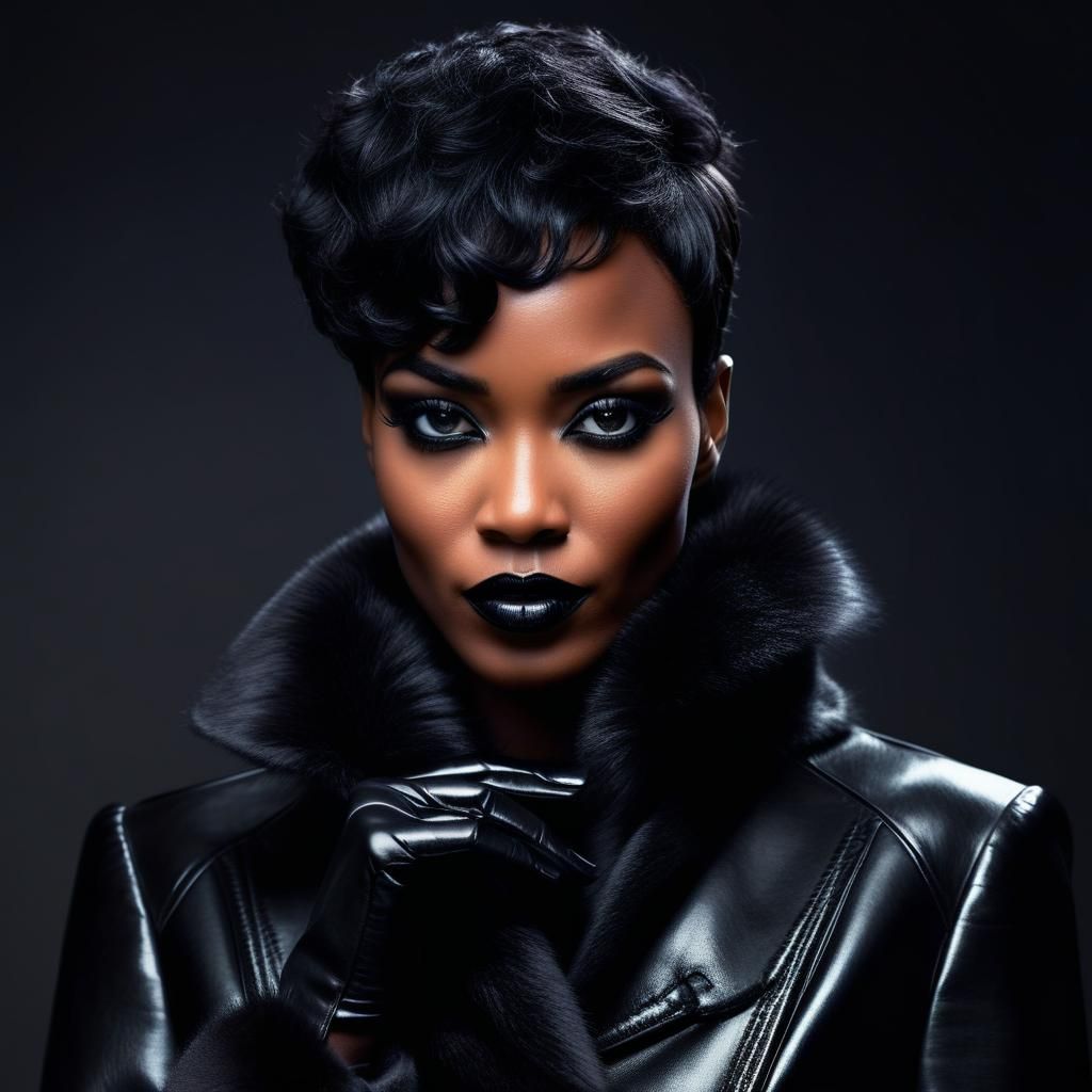 Black Woman in Leather and Fur, Cinematic Portrait