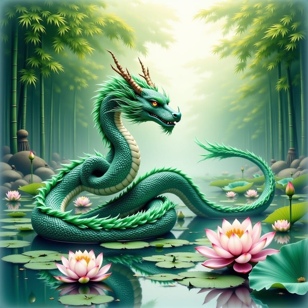 Japanese Dragon Coiling Above Lotus Pond