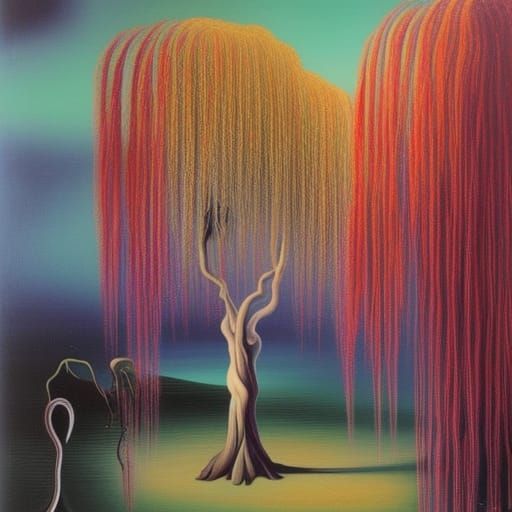 Surreal Pink Weeping Willow Tree Oil Painting