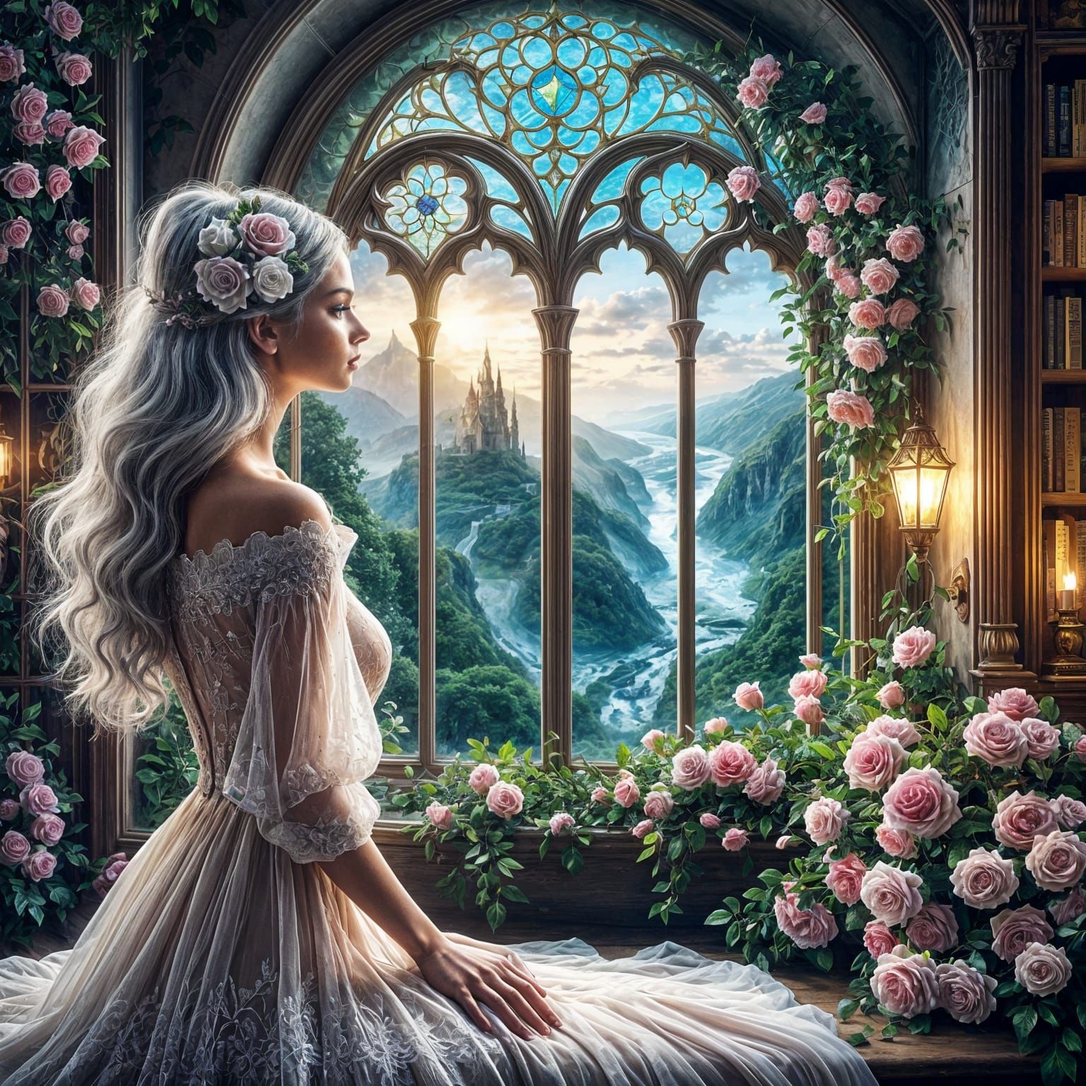 Woman in Flowing Dress Gazes Through Magical Stained Glass W...