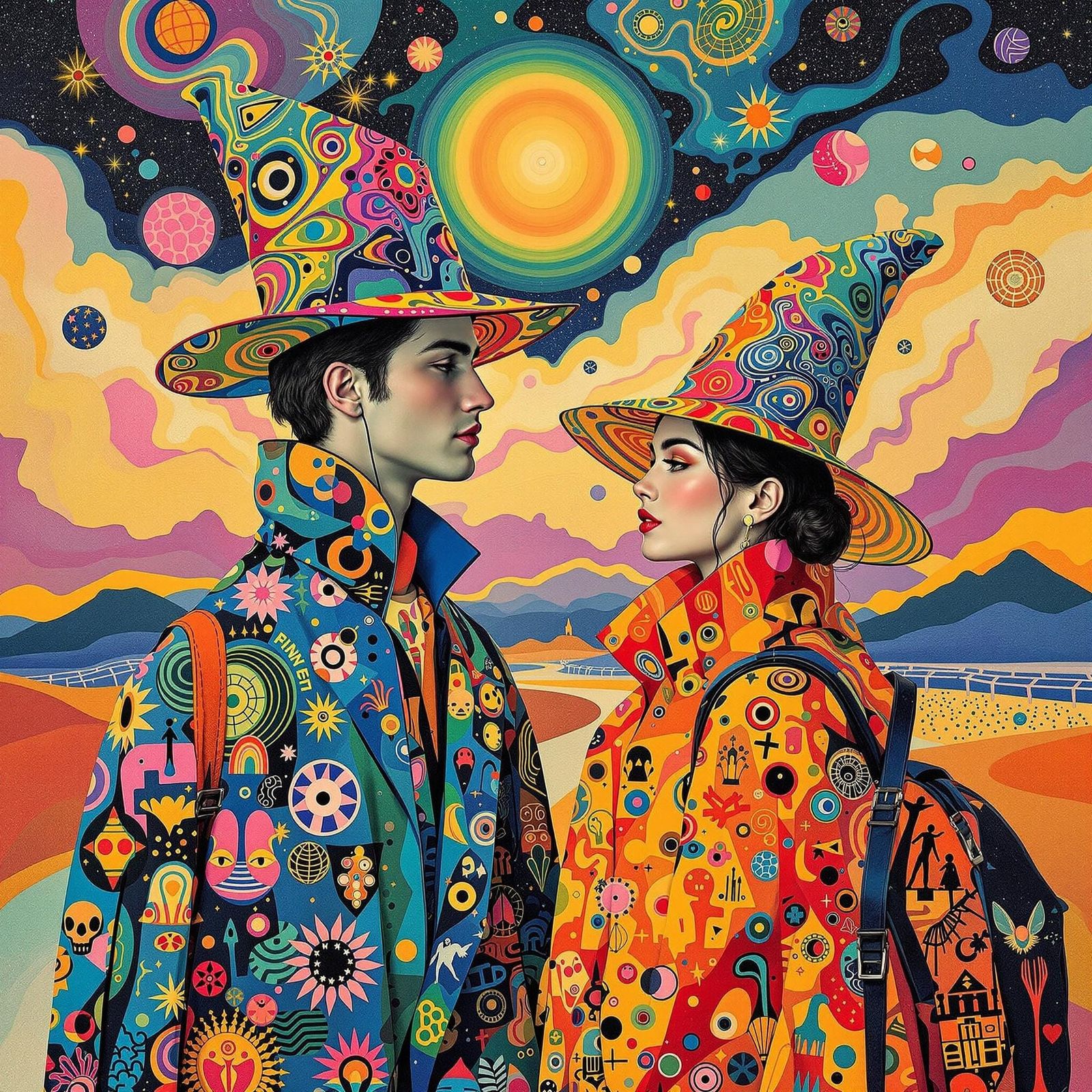 Psychedelic Travelers in Klimt and Warhol Style
