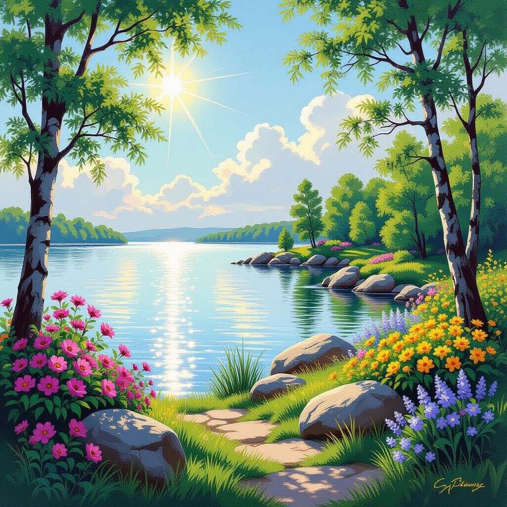 Idyllic Lakeside Scene in Impressionist Style