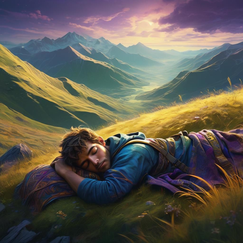 Adventurer Sleeping on Mountain Ridge, Detailed Matte Painti...