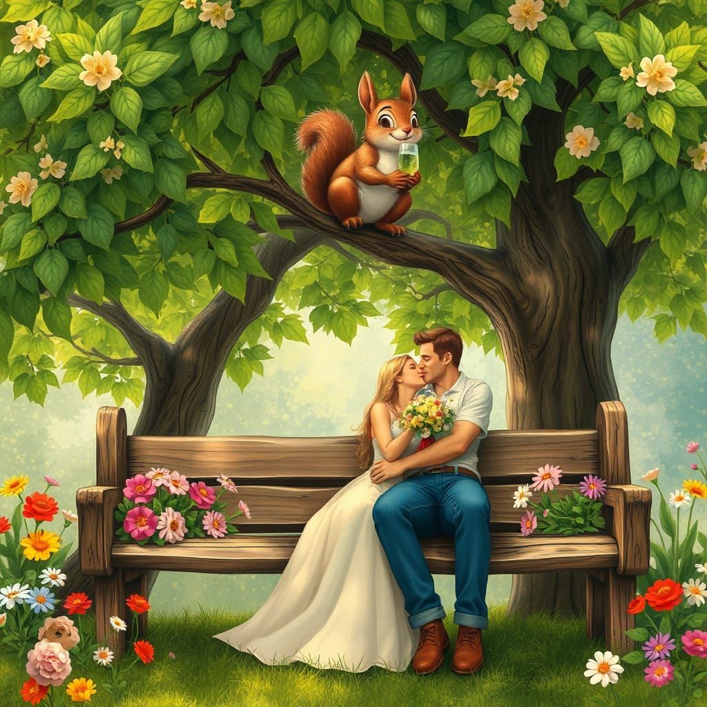 Romantic Couple with Mischievous Squirrel, Miyazaki Style