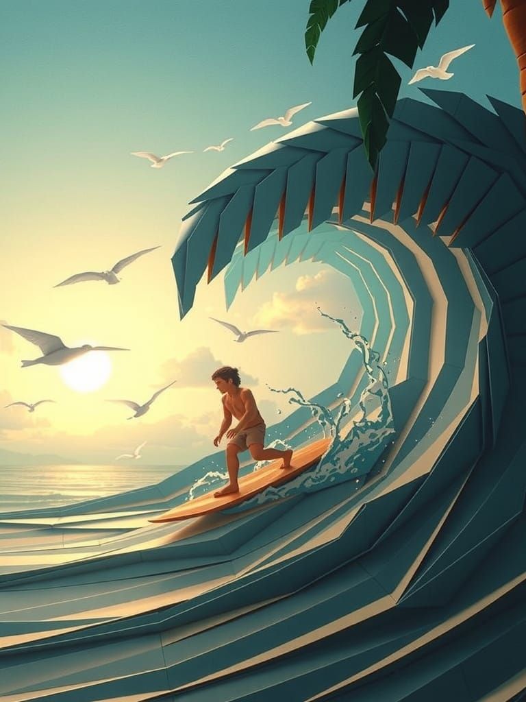3D Origami Tropical Beach Scene with Surfer