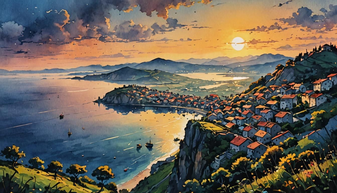 Twilight Village Seascape in Ink Drop Style