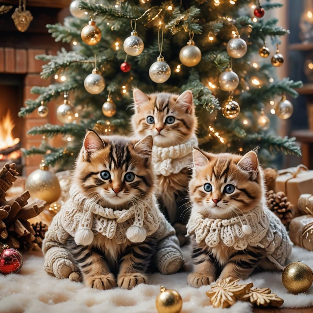 Kittens in Mittens by Christmas Fire