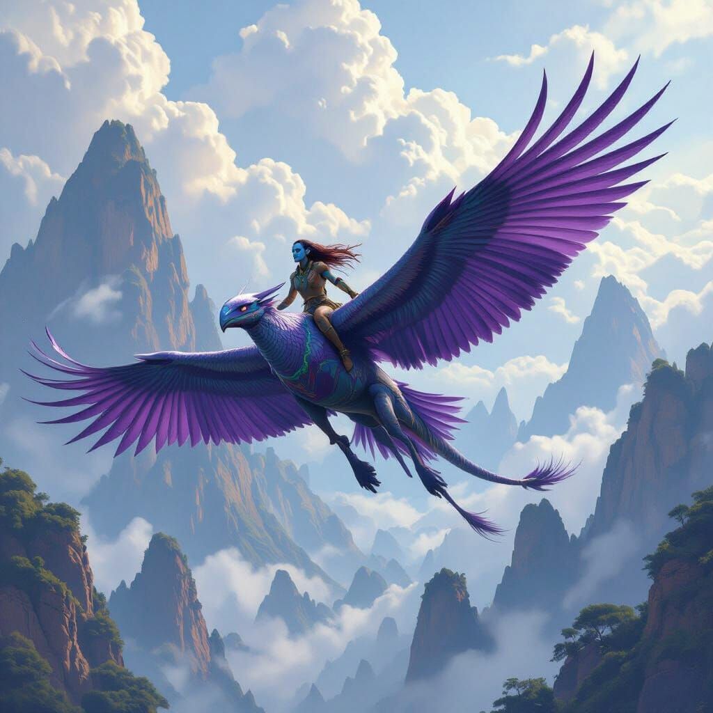 Na'vi Ikran Rider Above Pandora in Digital Painting Style