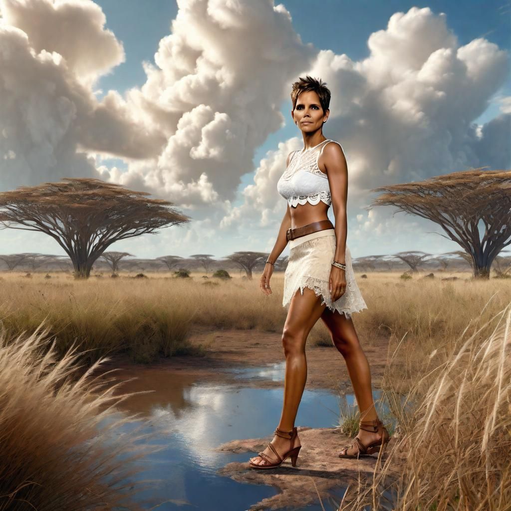 Halle Berry in African Savanna: Detailed Digital Painting