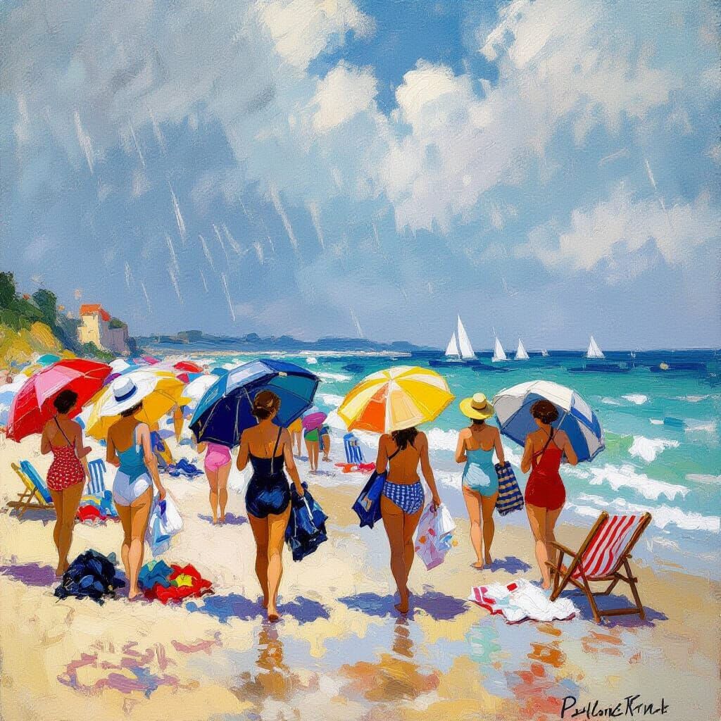 Impressionist Beach Scene: Summer Rain Shower