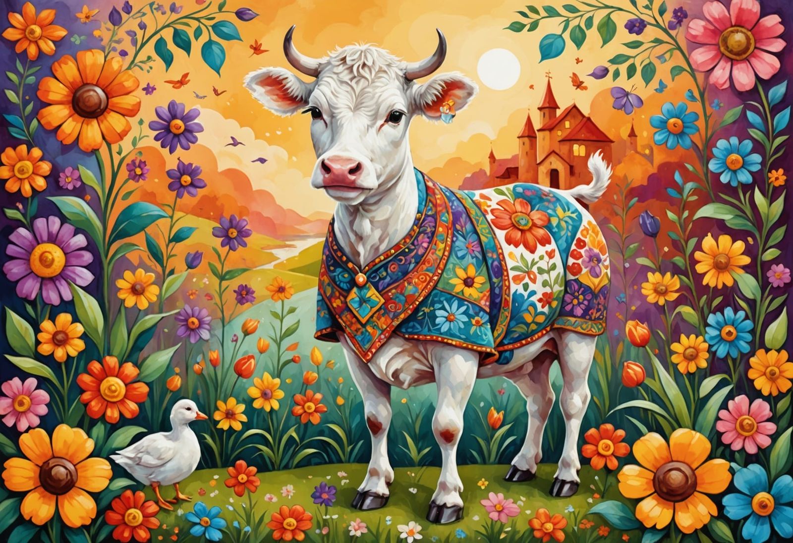 Whimsical Patchwork Fantasy Scene with Cow and Duck