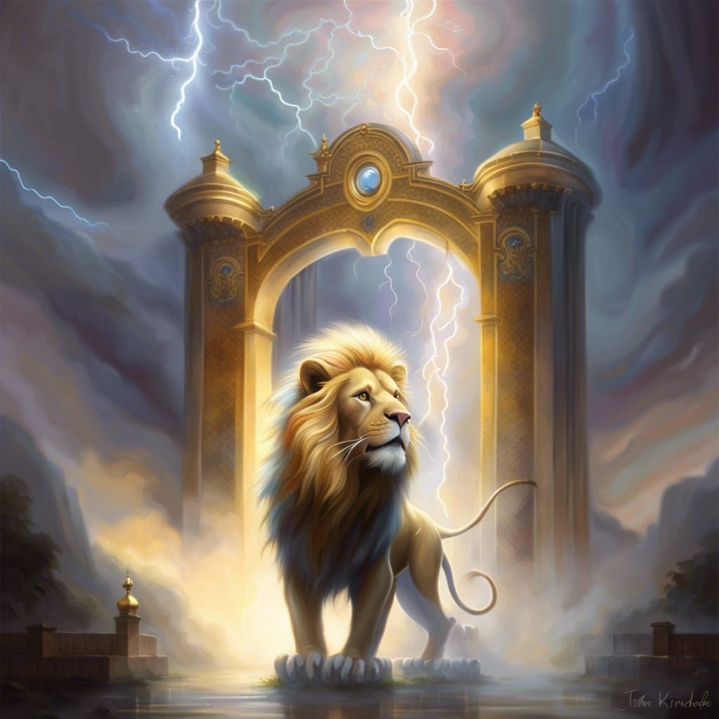 Ethereal Lightning Lion at Heaven's Golden Gates