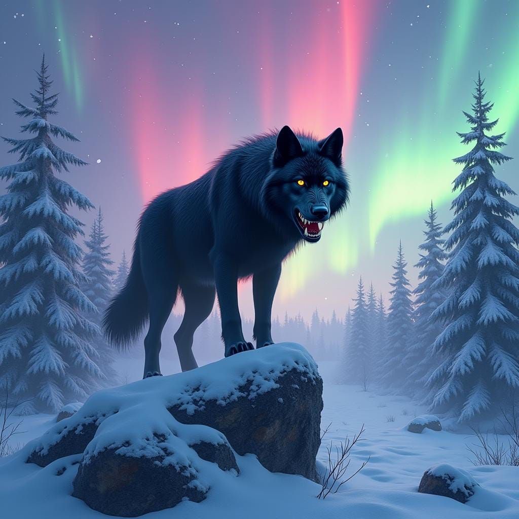 Black Dire Wolf in Snowy Forest, Detailed Matte Painting