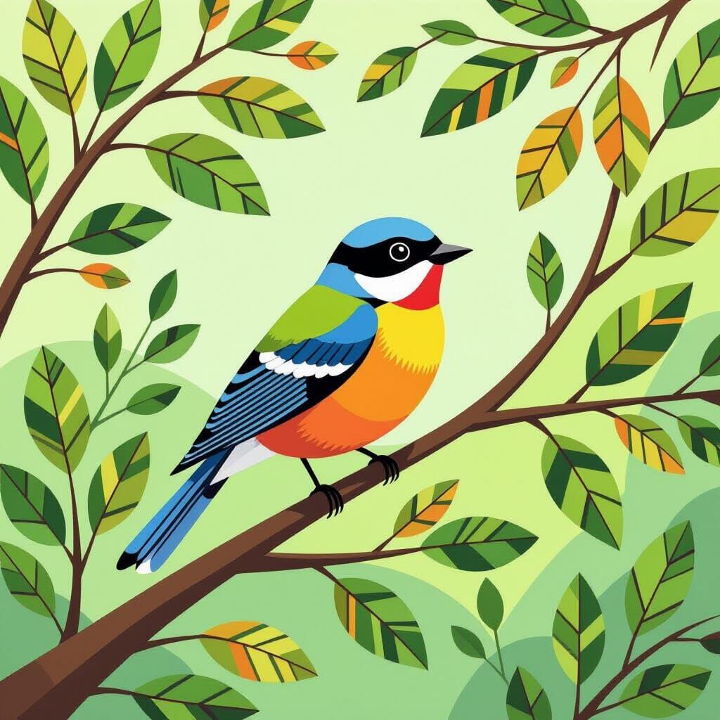 Bird on Branch in Charley Harper Style