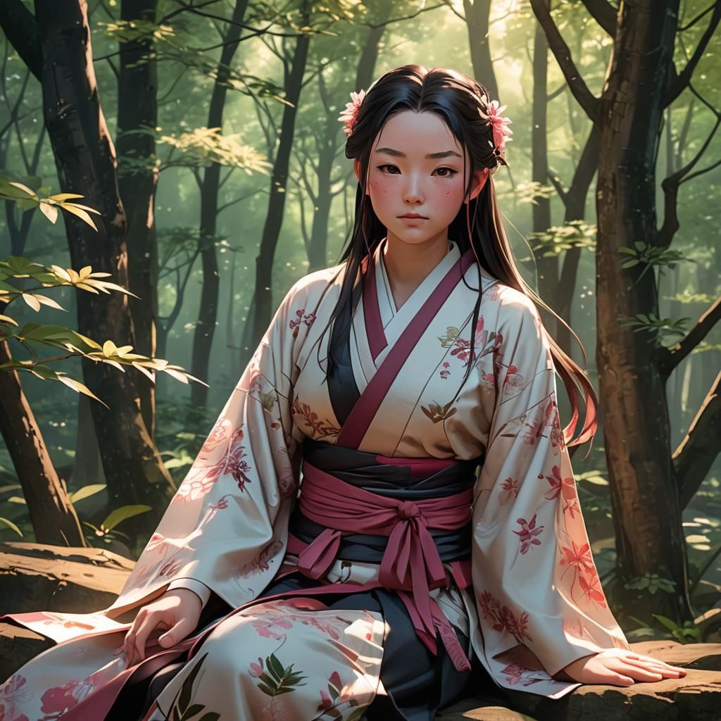 Nezuko in Forest, 3D Anime Concept Art