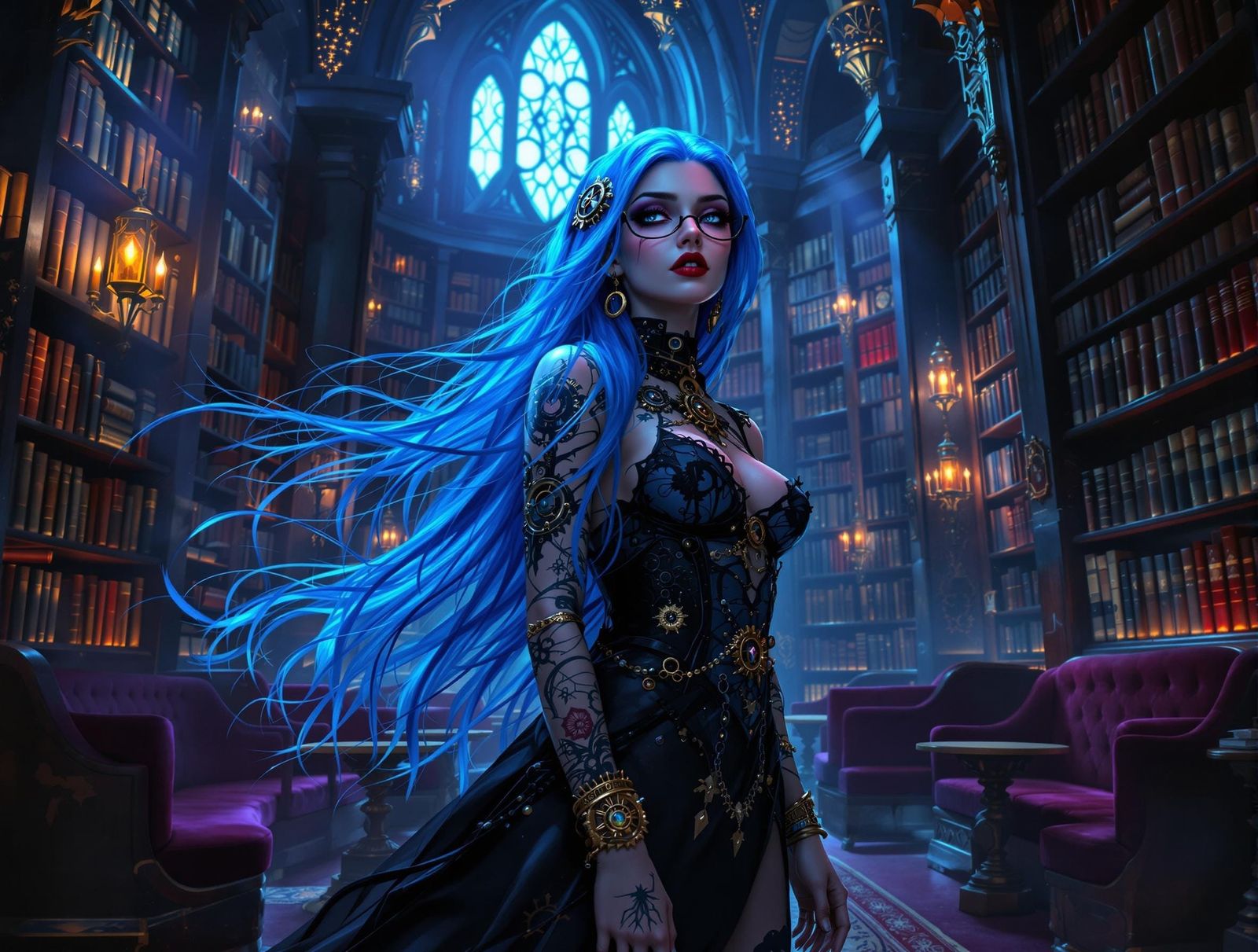 Gothic Librarian in Steampunk Library