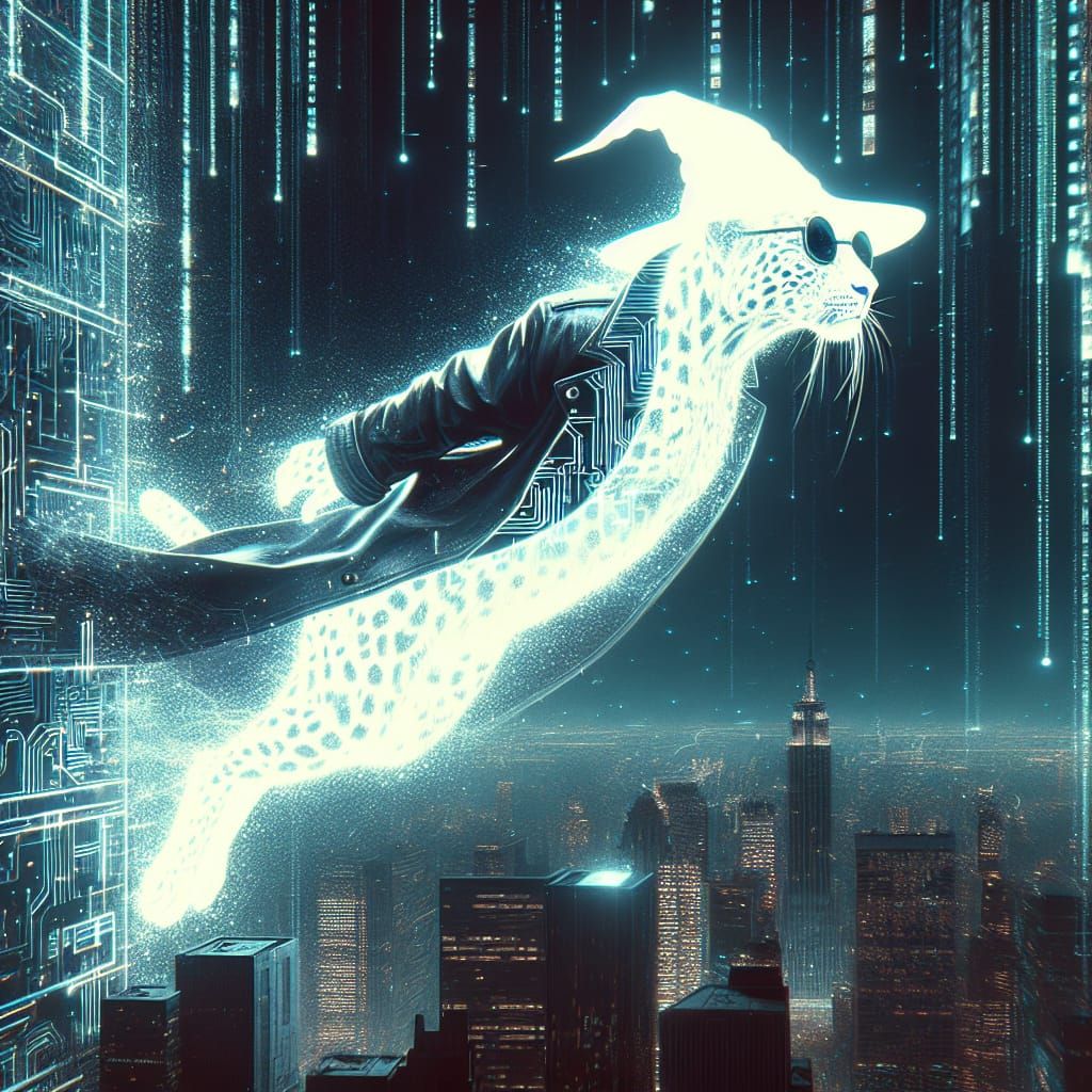 Cyberpunk Leopard Silhouette Plunges from Skyscraper