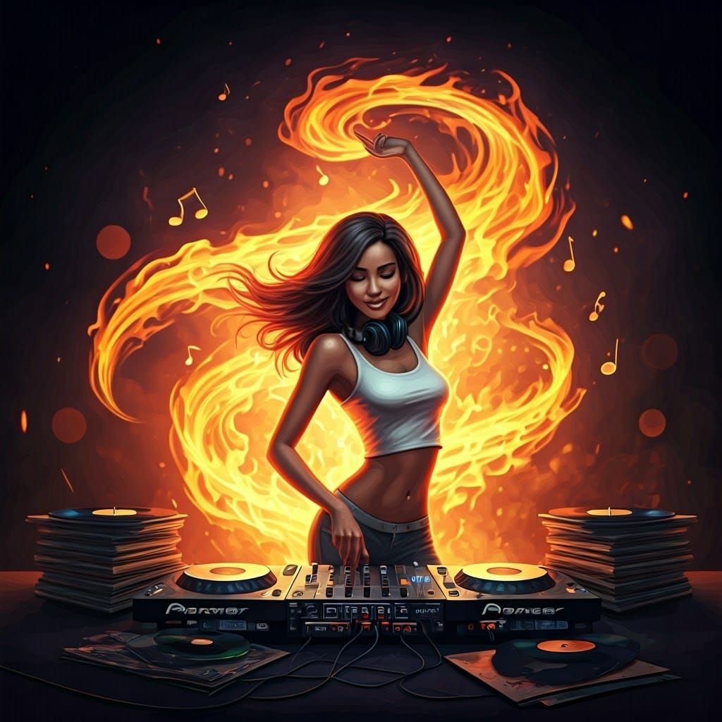 Woman Dancing in Flames During DJ Mix