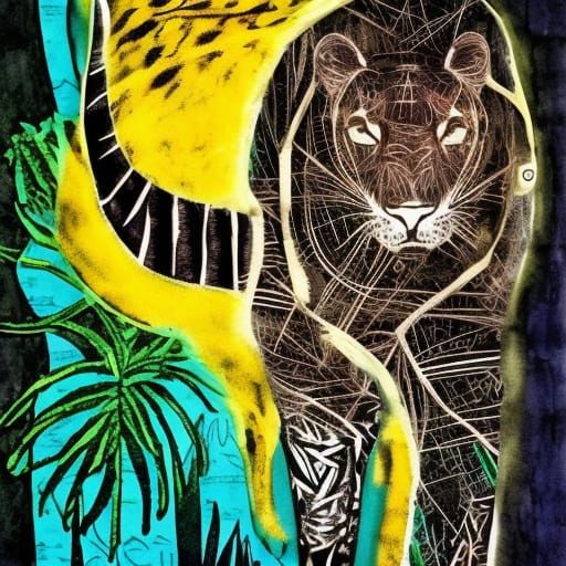 Night Jungle Panther Collage in Boho Art Style