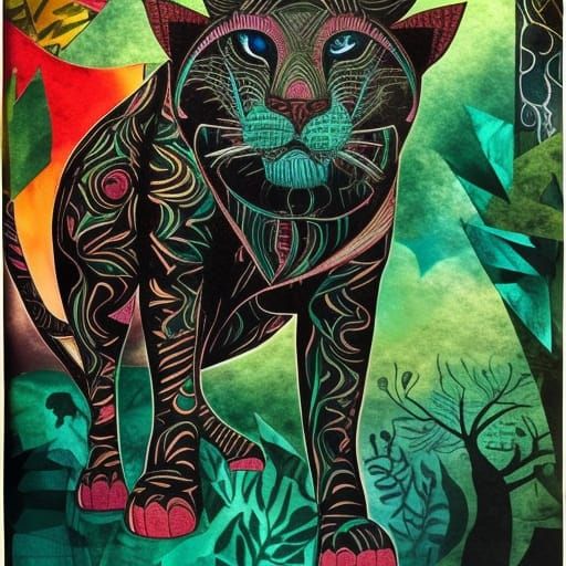 Night Jungle Panther Collage in Mixed Media