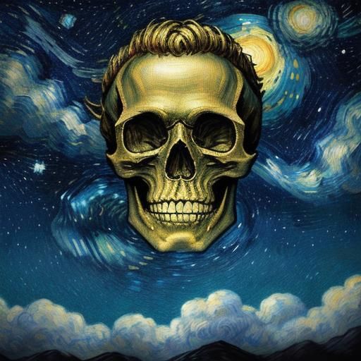 Skull with Starry Night Background in Van Gogh Style