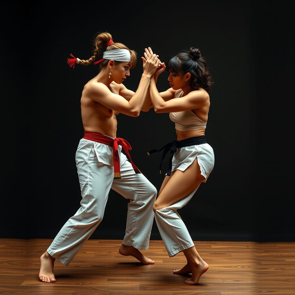 Nude Karate Female Fighters Engage in Intense Battle