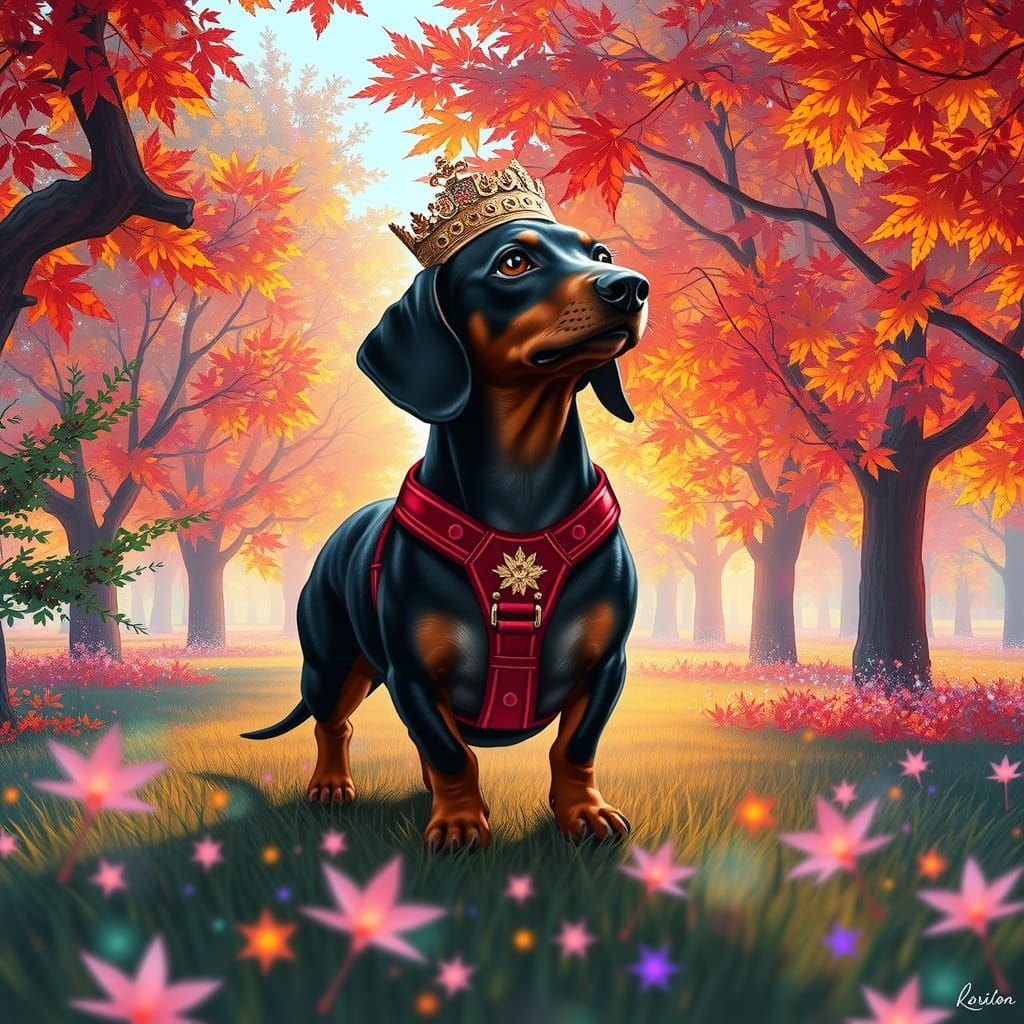 Dachshund in Autumn Park, Visionary Art Style