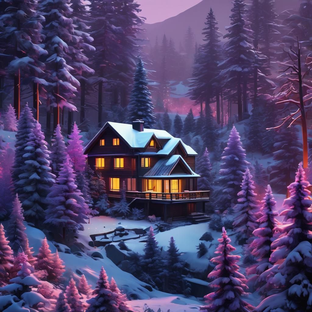 Vibrant Winter Wonderland in Neon Splash Art Style