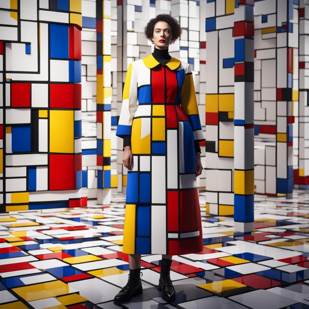 Woman in Mondrian-Inspired Outfit, Detailed Concept Art
