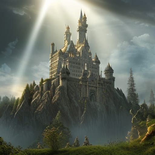 A castle made of glass illuminated by god rays from the sun