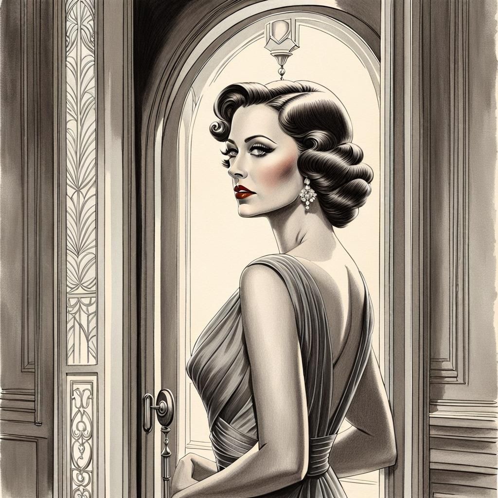 Elegant Woman in Art Deco Pencil Drawing