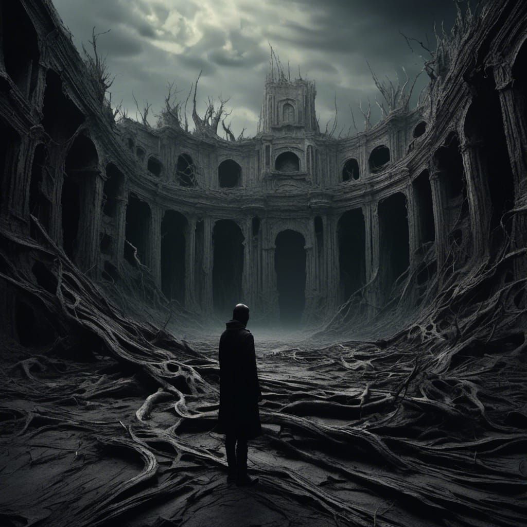 Person Consumed by Dark Thoughts in Bleak Landscape