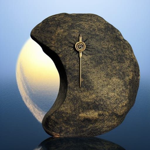 Sundial on Rock in Lake at Dawn: Digital Painting