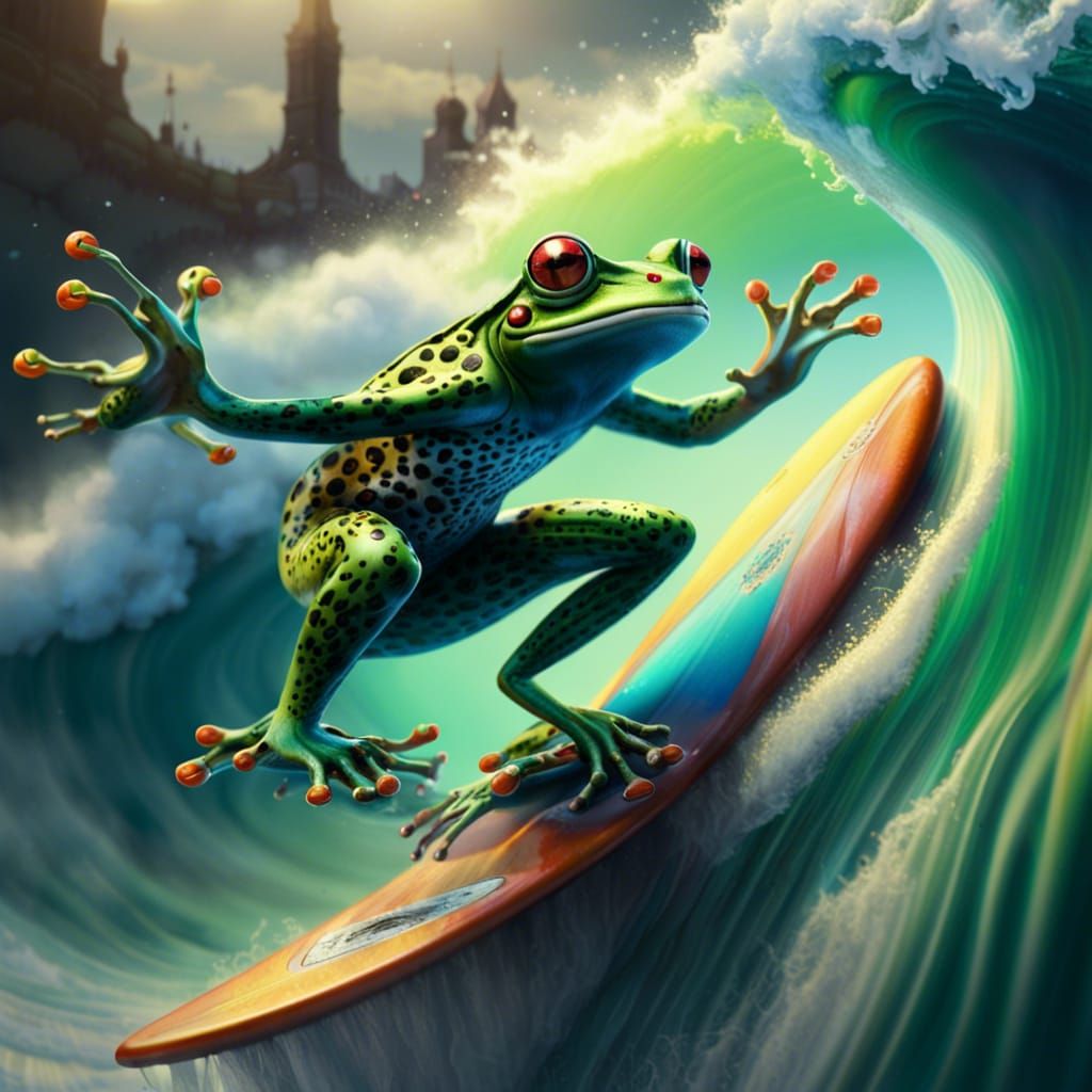 Frog Surfing Pipeline Wave Playing Guitar