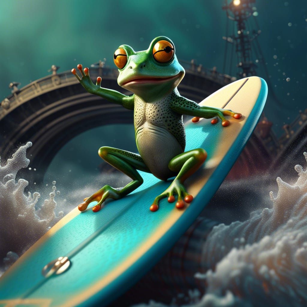 Frog Surfing Pipeline Wave Playing Guitar