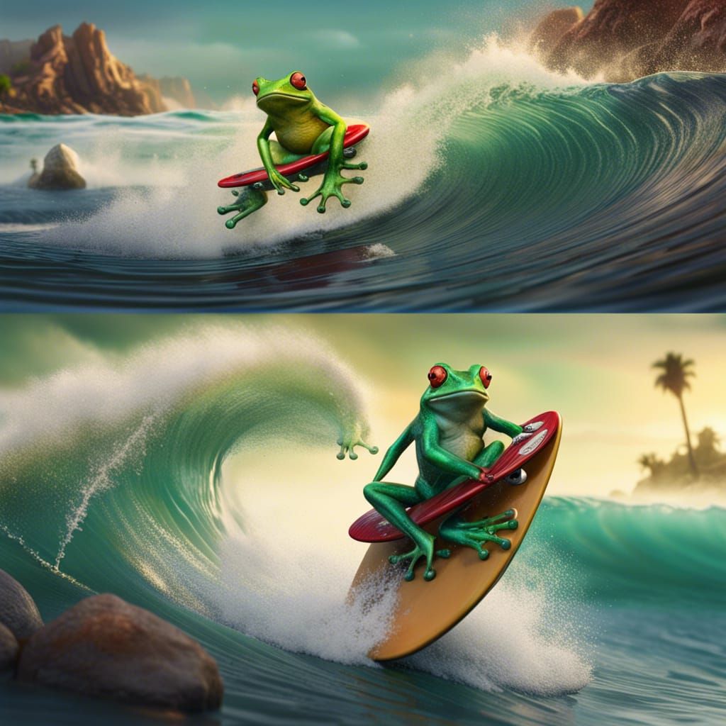 Frog Surfing Pipeline Wave Playing Guitar