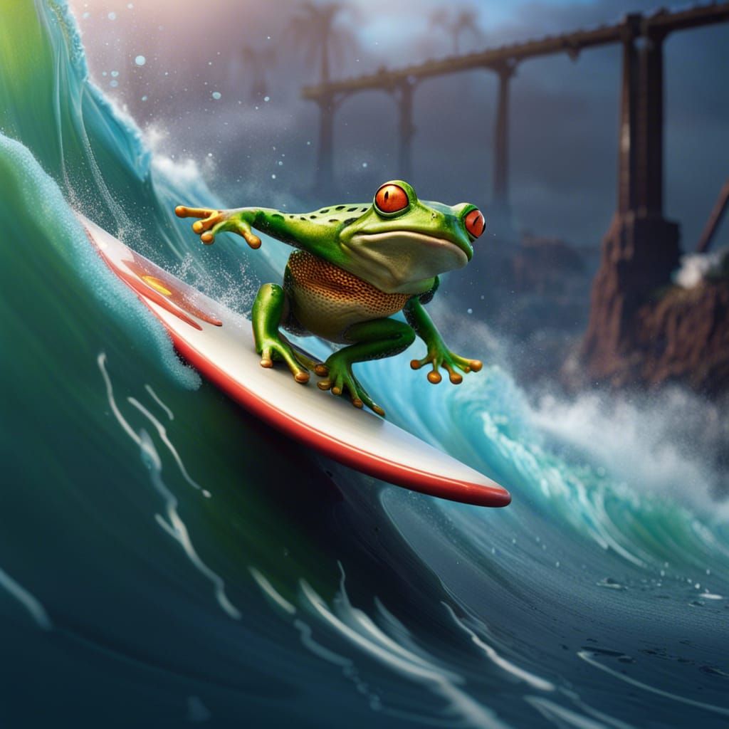 Surfing Frog Guitarist on Pipeline Wave: Fantasy Art