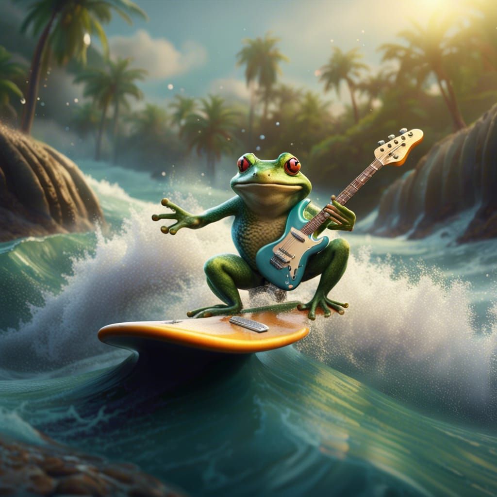 Frog Surfing Pipeline Wave Playing Guitar