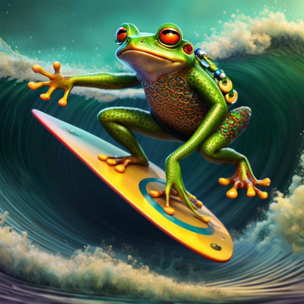 Frog Surfing and Playing Guitar: Fantasy Art