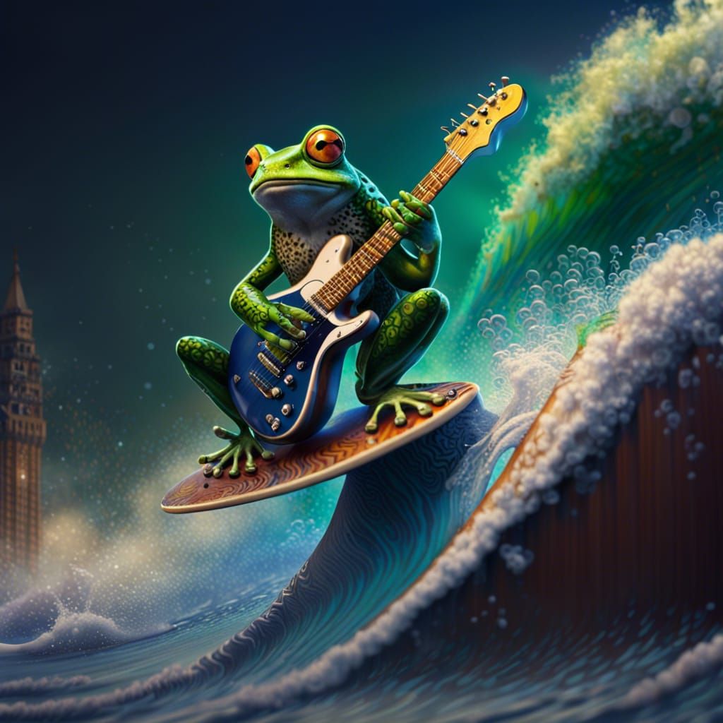 Frog Surfing with Guitar: Fantasy Concept Art