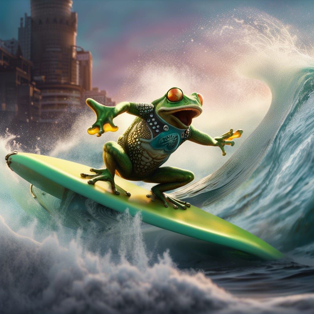 Frog Surfing and Playing Guitar: Fantasy Concept Art