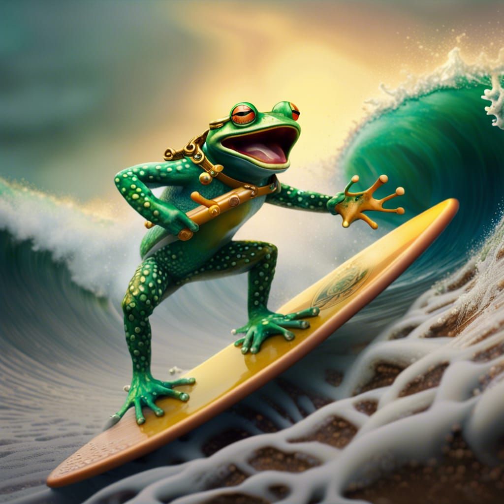 Frog Surfing Pipeline Wave Playing Guitar